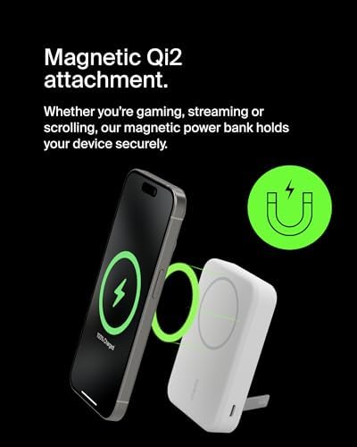 Belkin 5000 m Ah Wireless Power Bank with Qi2 Technology – Mag Safe-Compatible Portable Charger Featuring Built-in Kickstand for i Phone 16, 15, 14, 13, Plus, Pro, Pro Max – Sleek White Design for Seamless Charging on the Go – Optimal Speed & Versatile Compatibility