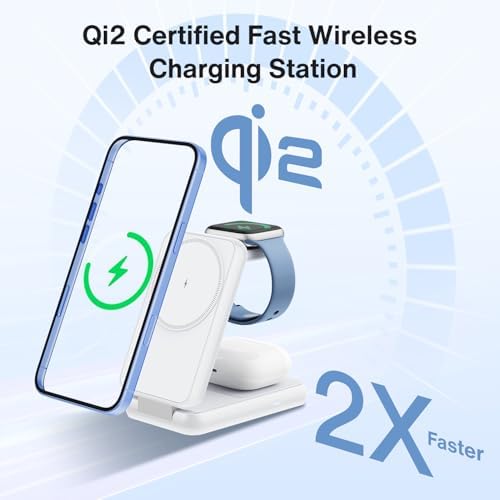 IVANKY 3-in-1 Foldable Wireless Charging Station for Apple Devices – Turbo-Charge Your i Phone 16/15/14/13/12/11, Apple Watch & Air Pods with Compact Travel Design – Fast 15 W Charging, Adjustable Stand & Safe Magnetic Lock Technology for On-the-Go Convenience