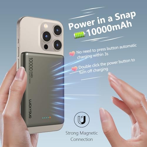 LUCKYDUO Ultra Slim 10000 m Ah Magnetic Power Bank – Sleek Wireless Charger with PD 20 W Two-Way USB-C Fast Charging for i Phone 16/15/14/13 Series – Perfect Travel Companion for Effortless Charging on the Go