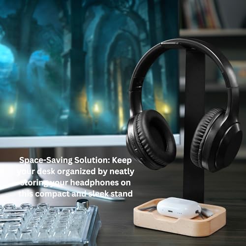 Wooden Headphone Stand – Elegant Desk Organizer for Gamers & Professionals – Premium Solid Wood Headset Holder with Non-Slip Base – Durable, Space-Efficient Design for All Headphone Styles – Tangle-Free Solution to Optimize Your Work Environment
