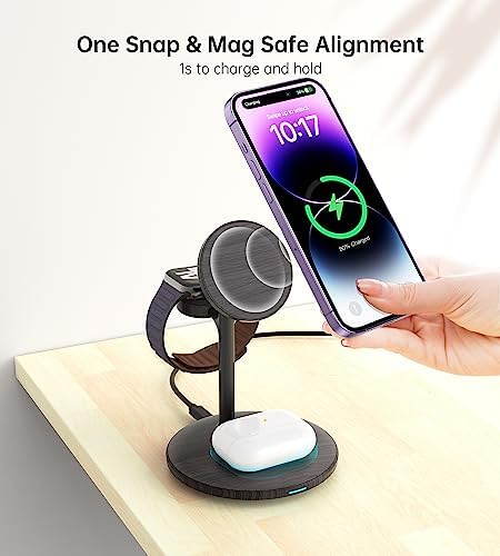 Sleek Yellow Wood Grain 3-in-1 Wireless Charging Station for Apple Devices – Fast 15 W Mag-Safe Charger with QC 3.0 Adapter for i Phone 16/15/14/13/12, Apple Watch Ultra/S9/8, and Air Pods – Elevate Your Workspace with Ultimate Compatibility and Modern Aesthetics, Perfect for Streamlined Charging Solutions