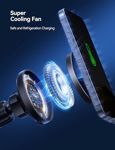 JOYROOM Mag Safe Wireless Car Charger Mount – 15 W Fast Charging with Built-in Cooling Fan for i Phone 16 Pro Max, Plus, Mini, 15, 14, 13, 12 – Secure Magnetic Holder for Ultimate Compatibility and Efficiency