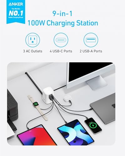 Ultimate 9-in-1 Anker Charging Station (100 W) – High-Speed USB-C Power Strip with 300 J Surge Protection, 3 AC Outlets, 4 USB-C & 2 USB-A Ports, 5 ft Flat Cable for Home & Office – Maximize Device Compatibility and Safety