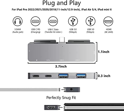 Transform Your i Pad into a Powerhouse: Ultimate USB C Hub for i Pad Pro and Air with 4 K HDMI, Dual USB 3.0 Ports, and 3.5 mm Audio Jack – Fast Charging & Data Transfer for i Pad Mini M4 M2 11, 12.9, 13 Inch Accessories – Unmatched Versatility and Performance