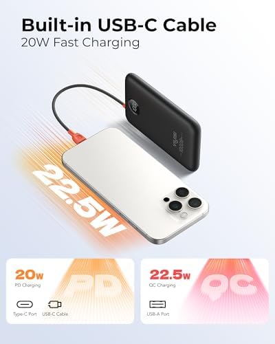 Slim Pink Portable Charger 10000 m Ah – USB-C Power Bank with Built-in Cable & LED Display for Fast Charging – Travel-Friendly Battery Pack Compatible with i Phone 16, 15, Samsung S24, S23 – Ultimate Convenience & Style