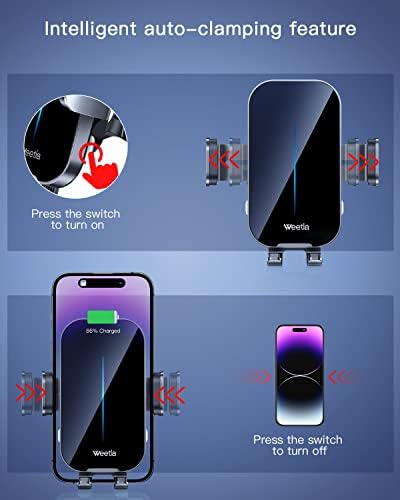 Revolutionize Your Drive with the 4 Weetla Wireless Car Charger – Effortless Auto-Alignment & 360° Adjustable Air Vent Mount for i Phone 15/14/13/12/11/Pro Max and Android Devices – Ultimate Fast Charging Convenience in Sleek Gray Design