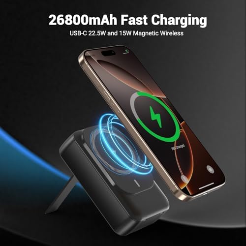 26800 m Ah Magnetic Wireless Power Bank with PD 22.5 W Fast Charging – Multi-Device Portable Charger for i Phone 16/15/14/13/12 Series – Built-in Cables, Kickstand, LED Power Indicator – Universal Compatibility for Smartphones and Tablets – Safe, Efficient Charging Solution in Sleek White Finish