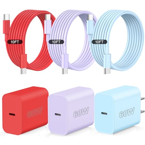 Ultra-Fast 60 W USB-C Charger Set – 3-Pack with 10 FT Charging Cables for i Phone 15/16 Pro/Max/Plus, i Pad Air/Pro, Samsung Devices – High-Speed Charging in Vibrant Red, Purple, Green – Maximum Compatibility & Convenience for On-the-Go Power Solutions