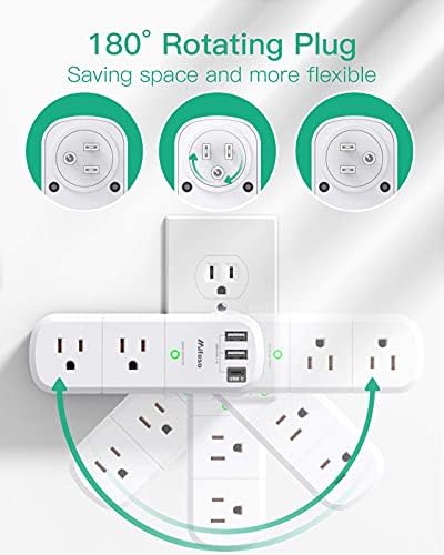 Mifaso 6-Outlet Surge Protector with 3 USB Fast Charging Ports – Rotating Plug Power Strip for Home, Travel, and Dorm Room Use – 1800 Joules of Protection with 3-Sided Swivel Design for Maximum Accessibility and Device Compatibility