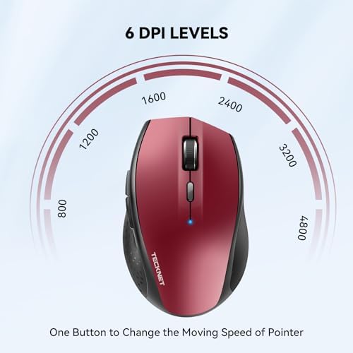 TECKNET Bluetooth Wireless Mouse – Ergonomic 4800 DPI Precision with 6 Adjustable Settings, Long-Lasting 2-Year Battery, and 6 Functional Buttons for Laptops & Windows – Sleek Grey Design for Enhanced Comfort and Productivity
