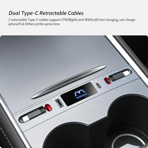 Revolutionize Your Tesla with the Dual USB C Charging Hub for Model 3/Y (2024-2021) – 27 W Fast Charger for i Phone 15 and USB C Devices, Retractable Design for Effortless Storage, Sleek Silver Gray Finish, Essential Accessory for Modern Tesla Owners