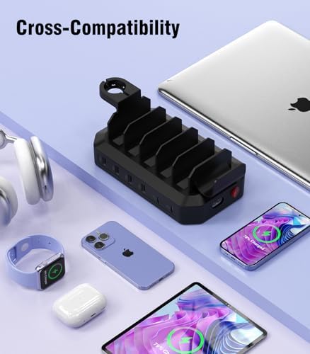 95 W Multi-Device Fast Charging Station – 6-Port USB Dock with 2 PD Ports for Quick Power-Up | UL & FCC Certified Safety Features | Compatible with i Phone, Android, Mac Book, i Pad, Kindle, Apple Watch & More | Sleek Design for Home & Office Charging Solutions