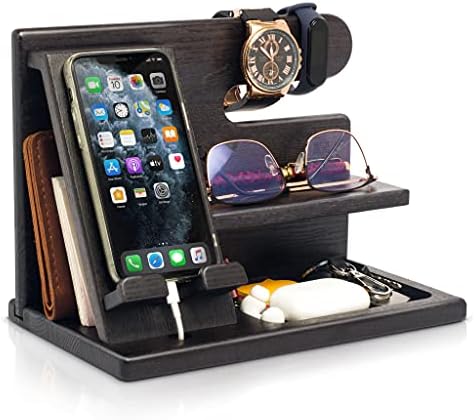 TESLYAR Wood Phone Docking Station for Men – Desktop or Nightstand Organizer – Birthday Gifts for Men, Dad – Anniversary Idea from Wife – Key Holder, Stand Wallet, Watch & Essentials (Antique Brown) – Enhanced Compatibility and Speed
