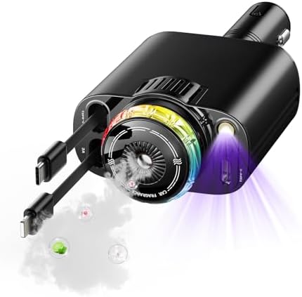 Transform Your Commute: 5-in-1 Retractable Car Charger with Aromatherapy Diffuser & Starlight Ambiance – Fast USB-C and Dual USB Ports for i Phone 12-16 & More – Elevate Your Driving Experience with Stress-Relieving Scents and Efficient Charging