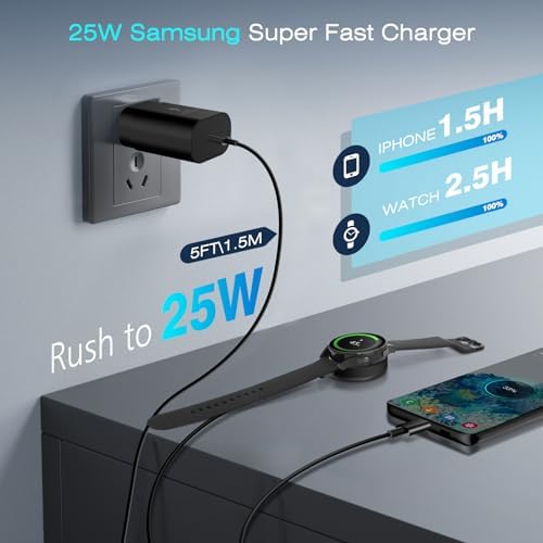 Ultra-Fast 25 W USB C Charging Cable for Galaxy Watch Series 7/6/5 Pro/4/3 & Samsung S24/S23/S22/S21/S20 – Versatile 2-in-1 Charger with 5 ft Length for Effortless Smartwatch and Smartphone Powering, Compact & Lightweight for Travel Enthusiasts, Must-Have Galaxy Watch Accessory