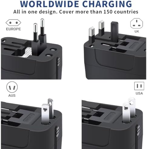 Revolutionary Worldwide Travel Adapter – Compact All-in-One Power Converter with PD 3.0 USB-C and USB-A Fast Charging for Effortless International Connectivity – Ideal Travel Essential for Phones and Laptops Across USA, EU, UK, AUS and Beyond