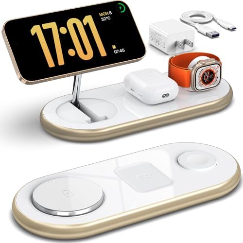 Sleek 3-in-1 Magnetic Charging Station for Apple Devices – Fast Mag-Safe Wireless Charger Stand for i Phone 16/15/14/13/12, Apple Watch, and Air Pods – Elegant Golden Design with Enhanced Compatibility and Safety Features