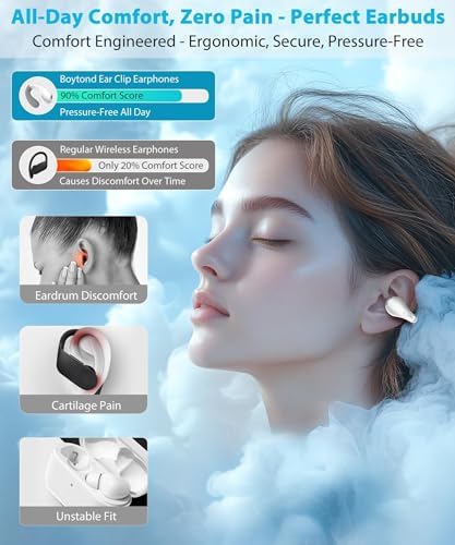 Revolutionize Your Fitness Experience with Boytond Pearl White Bone Conduction Earbuds – Lightweight Clip-On Design for Ultimate Comfort and Awareness During Workouts – Waterproof Bluetooth Headphones for Reliable Performance and Seamless Connectivity