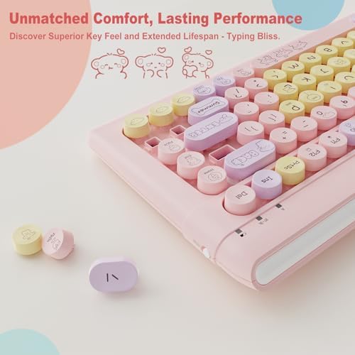 SADES Retro Wireless Bluetooth Keyboard for Mac, i Pad, i Phone, PC & Android – Multi-Device Connectivity & Portable Design with Vintage Round Keycaps – Perfect for Effortless Typing on the Go in Chic Pink