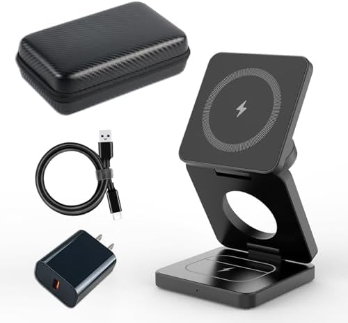 Revolutionary 3-in-1 Foldable Wireless Charging Station for Apple Devices – Ultimate i Phone 15, 14 Pro Max, 13, 12, Apple Watch 9-3, and Air Pods Pro Compatibility in a Compact Design (Black) – Streamlined Charging Efficiency and Portability for Tech Enthusiasts