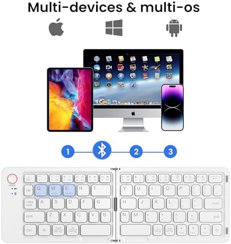 Ultimate Mini Wireless Folding Keyboard for Travel – Sync 3 Devices Effortlessly, Premium Aluminum Design for i Phone, i Pad, Mac, Android & Windows – Compact & Portable Full-Size Typing Solution