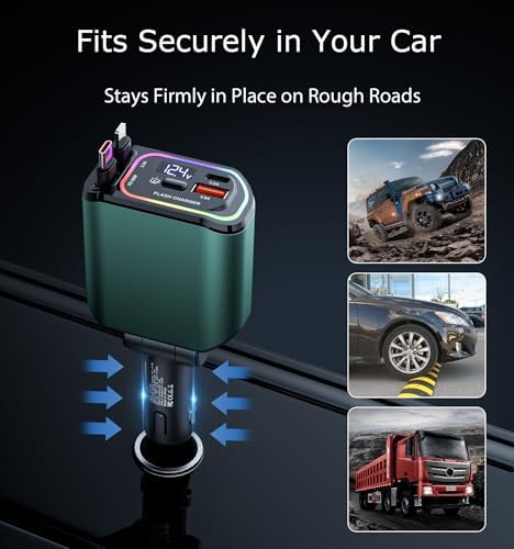 Ultra-Fast 100 W Retractable USB C Car Charger – 4-in-1 Multi-Device Fast Charging Solution with RGB Light for i Phone, Samsung, Android & Laptops – Compact Design for Effortless Portability and Tangle-Free Storage