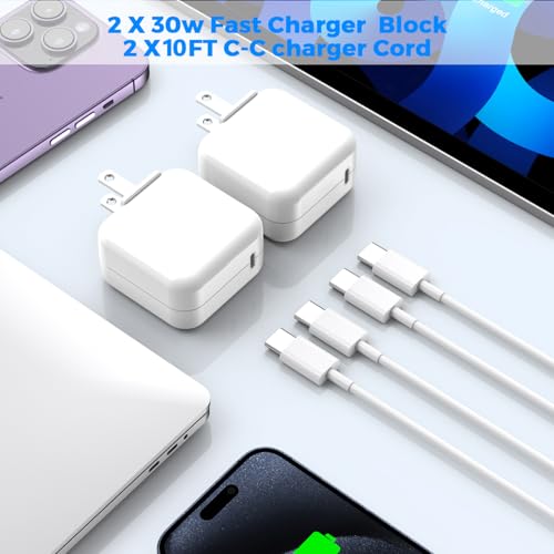30 W Ultra-Fast USB-C Charger for Mac Book & i Phone – Dual Pack with 10 ft Cable for Efficient Charging of M1, M2, M3 Models – Premium Safety Features & Universal Compatibility for All USB-C Devices – Compact, Portable Design for Home, Office, Travel