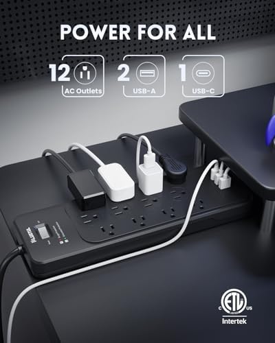 Premium 20 FT Surge Protector Power Strip with 12 Outlets and USB-C Charging – PLUGTUL’s Flat Plug Design for Large Devices, Enhanced 4080 Joules Protection, ETL Listed for Ultimate Safety and Efficiency in Home and Office Use
