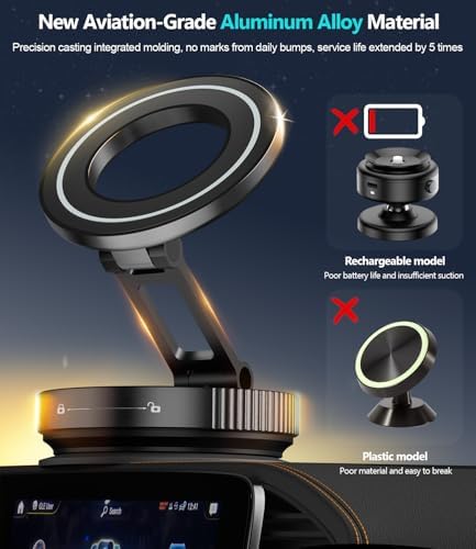 CloudValley Magnetic Car Phone Holder – Vacuum Suction Cup Phone Mount 360° Adjustable, Durable Metal Stand for iPhone & Android, Portable Magnetic Holder for Dashboard/Windshield/Gym Mirror (Silver) – Enhanced Compatibility and Speed