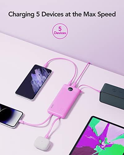 VRURC 10000 m Ah Portable Power Bank with Integrated Cables and LED Battery Indicator – Slim, Lightweight Travel Charger with Dual Input and Five Outputs for Effortless Device Charging – Ideal for Smartphones and Tech Gadgets – Stylish Blue Design (1 Pack) – Ultimate Convenience and Compatibility