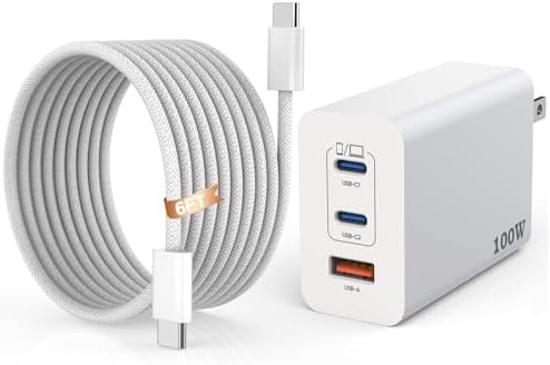 100 W Multi-Port USB-C Fast Charger with 6 FT Woven Cable – Ultra-Fast Power for Mac Book, i Phone 16/Plus/Pro, i Pad 10 & More – Compact & Durable Charging Solution for Home, Office, and Travel