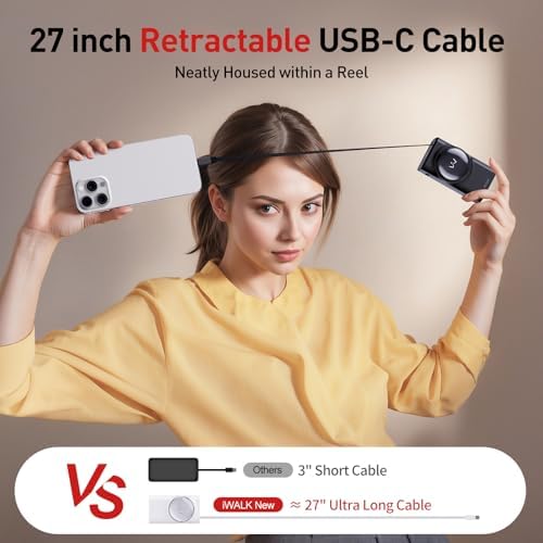 Ultimate i WALK 10000 m Ah Power Bank – 30 W Fast Charging USB-C Portable Charger with Integrated 2.3 ft Retractable Cable, Triple Output Ports for i Phone 16/15, Samsung Galaxy S25/24, and i Pad – Compact, Durable, and Travel-Ready Charging Solution