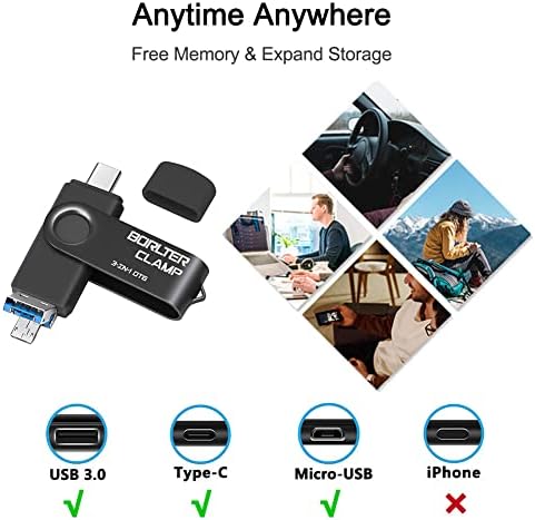 Borlter Clamp 64 GB 3-in-1 USB 3.0 Flash Drive: Versatile OTG Memory Stick with USB C, Micro USB, and USB A Ports for High-Speed Data Transfer Across Android Phones, Tablets, and PCs – Perfect for Samsung Galaxy and LG Users, Compact Storage Solution for Photos and Files