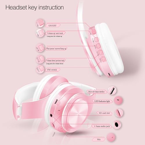 Lightweight Pink RAT TAIL V5.0 Bluetooth Over-Ear Headphones – Foldable Design with Micro SD/TF Card & FM Radio for Ultimate Audio Experience – Perfect Wireless & Wired Headset for Music Lovers on the Move