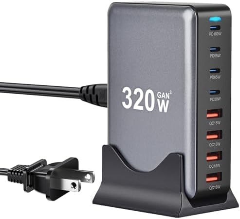 320 W Ga N 8-Port USB-C Charging Station – Ultra-Fast Multi-Device Power Hub for Laptops, i Phones, i Pads & Androids – Intelligent Power Management for Optimal Charging Efficiency – Travel-Friendly Compact Design for On-the-Go Users