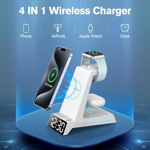 Revolutionize Your Charging Routine with the 4-in-1 Wireless Charging Station Featuring Alarm Clock – Ideal Dock for i Phone 16, 15, 14, 13, 12, 11, X, 8, Air Pods 3/Pro & Apple Watch Series 9-2 – Ultimate Speed & Compatibility for Modern Devices