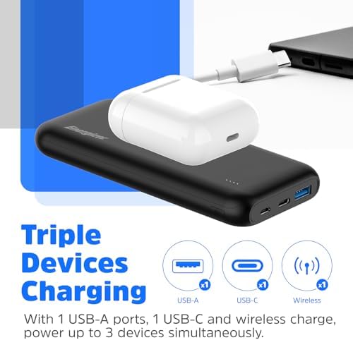 Energizer 10,000 m Ah Wireless Power Bank – 15 W Fast Charging & 20 W USB-C Power Delivery for i Phone 15/16 Pro Max & Android Devices – Sleek, Portable Design for Effortless Power on the Go – Dual Charging Options for Maximum Convenience