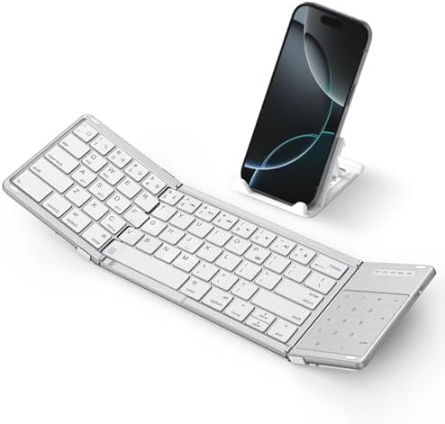 SODI Portable Foldable Wireless Keyboard with Touchpad – Rechargeable Travel-Friendly Keyboard for Mac, i Pad, and i Phone – Includes PU Leather Cover and Stand Holder for Enhanced Productivity on the Go