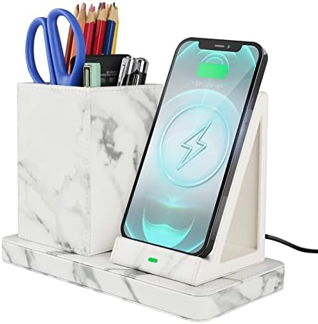 Sleek Marble Finish Wireless Charging Station with Desk Organizer – Fast Qi-Certified Charger for i Phone 13/12/11 Series, Effortless Device Power-Up & Luxurious Leather Accents for an Organized Workspace