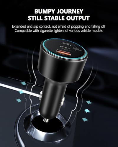 High-Power 200 W USB C Car Charger – Multi-Port PD3.0 QC4.0 Adapter with Dual 100 W Cables for Fast Charging on the Go – Universal Compatibility for Dell XPS, Mac Book, i Phone 16/15/14, Galaxy S24 Ultra & i Pad Pro – Efficient Travel Companion for Modern Devices