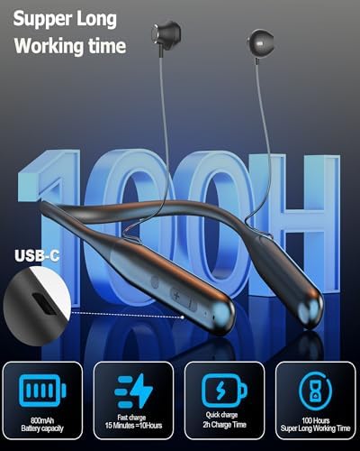 ZXQ Wireless Bluetooth 5.3 Neckband Earbuds – 100-Hour Playtime, Ergonomically Designed Waterproof Sport Headphones with Hands-Free Microphone and Stylish Carry Case for Ultimate Comfort and Connectivity on the Go