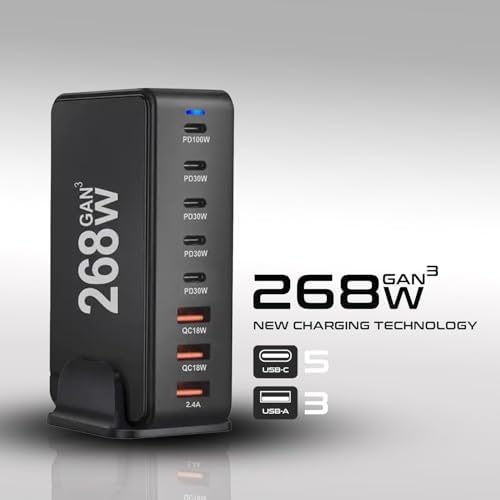 268 W Ga N USB Type C Multi-Port Fast Charging Station – 8-Port PD & QC4.0 Charger for Mac Book Pro/Air, i Phone 16/15/14/13/12, i Pads & Galaxy Note – Ultimate Solution for Rapid Device Charging on the Go
