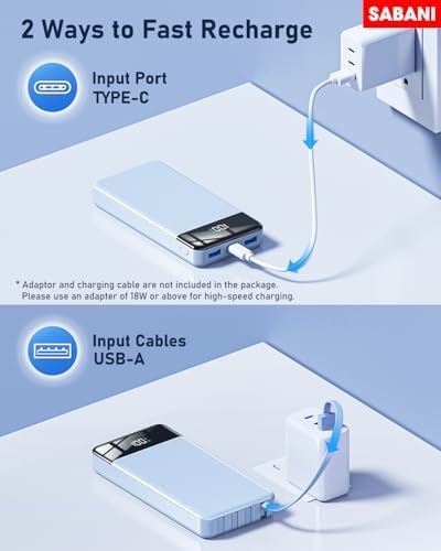 SABANI 35000 m Ah Power Bank – All-in-One Portable Charger with 4 Integrated Cables, 22.5 W Fast Charging for i Phone 16/15/14/13 & Samsung Android Devices – Ultimate On-the-Go Battery Solution in Sleek Black Design for Seamless Connectivity and Reliability