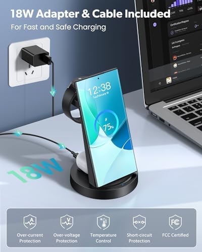 Revolutionary 3-in-1 Wireless Charging Station for Samsung Devices: Fast Charging Dock for Galaxy Watch 7, 6, 5, 4, 3 Pro, Classic & Galaxy Buds – Sleek Stand Compatible with S25, S24 Ultra, S23, S22, S21, Note, and Z Fold – Optimal Efficiency and Stylish Design for Home or Office Use
