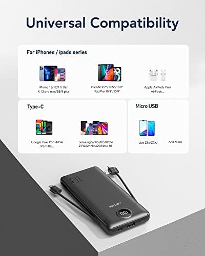VEGER Ultra-Slim 10,000 m Ah Portable Charger with Built-in Cables and Integrated Wall Plug – Fast Charging Power Bank for i Phone, i Pad, Samsung, and More – Essential Travel Battery Pack for On-the-Go Charging and Enhanced Device Compatibility