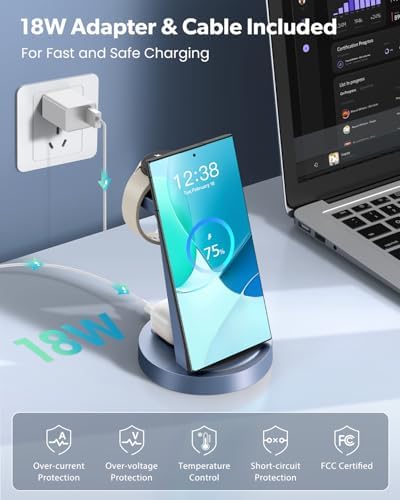 Revolutionary 3-in-1 Wireless Charging Station for Samsung Devices: Fast Charging Dock for Galaxy Watch 7, 6, 5, 4, 3 Pro, Classic & Galaxy Buds – Sleek Stand Compatible with S25, S24 Ultra, S23, S22, S21, Note, and Z Fold – Optimal Efficiency and Stylish Design for Home or Office Use