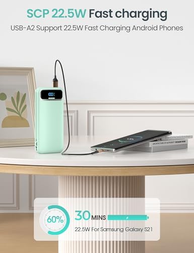 12000 m Ah Ultra-Light Portable Power Bank with Built-In Cables & AC Wall Plug – PD20 W USB-C Fast Charging for i Phone, Samsung & Android – LED Display for Battery Monitoring – Ultimate Travel Companion for Quick Device Recharging