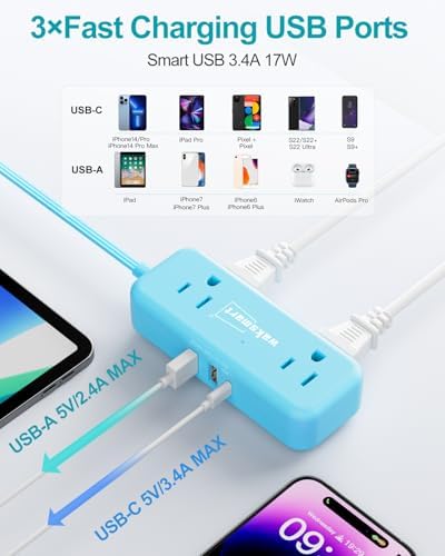 Sleek Flat Plug Power Strip with 5 Ft Extension Cord – 4 AC Outlets & 3 Fast-Charging USB Ports (5 V/3.4 A) – Compact Travel-Friendly Power Solution for College Dorms, Home Offices, and On-the-Go Charging – Maximize Space and Connectivity