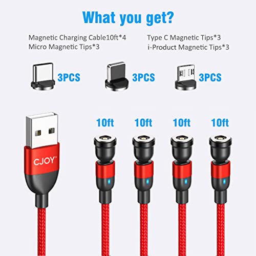 CJOY 4 Pack 10 ft Magnetic Charging Cable – 540-Degree Rotational Design for Effortless Connectivity, Durable Nylon Braided Exterior, Compatible with Type C & Micro USB Devices, Fast Charging Capability for Enhanced Performance and Flexibility