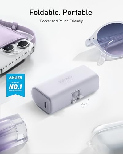 ANKER Nano Power Bank 5,000 m Ah with Built-in Lightning Connector – MFi Certified Portable Charger for Fast Charging i Phone 14/13/12 Series, Compact & Travel-Friendly Power Solution in Purple – Effortless, Tangle-Free Charging Anywhere